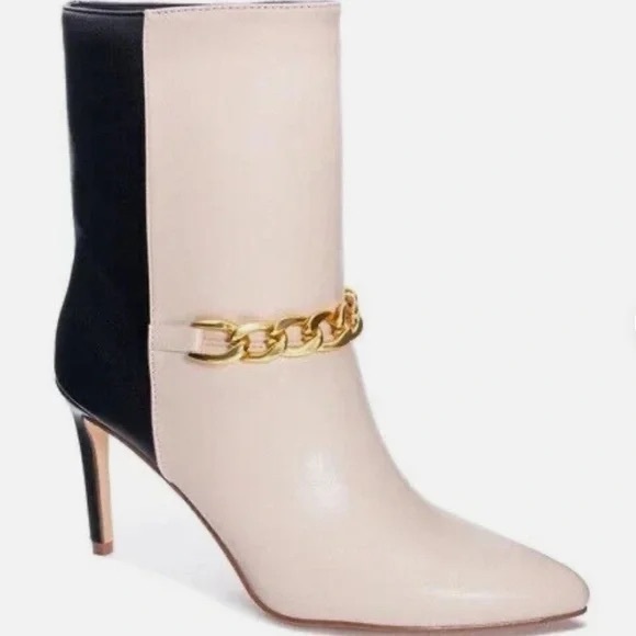 Chinese Laundry Cream and Black Heeled Boots with Gold Chain - Picture 2 of 3